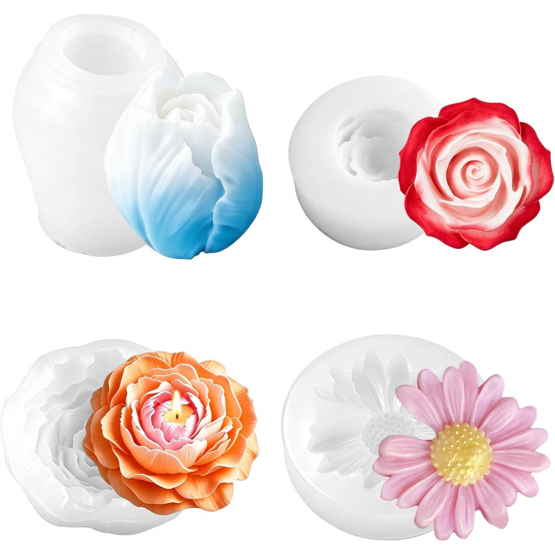 Soap Making Gel - Bloemen siliconen kaarsvorm 4Set, roos, tulp,